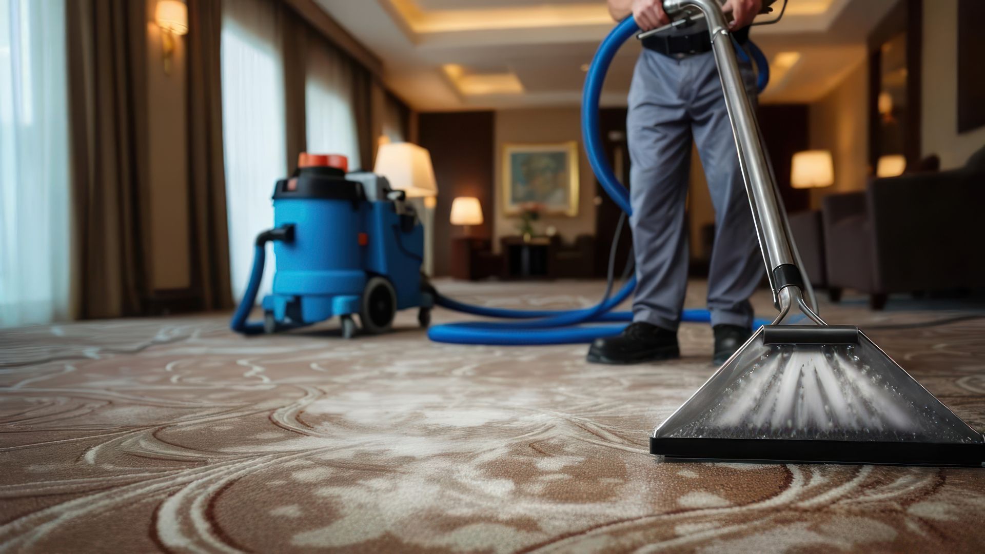 Carpet cleaner vacuuming a hotel hallway with a blue canister vacuum and hose