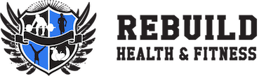 Rebuild Health & Fitness logo with black shield and winged crest beside bold text on a white background