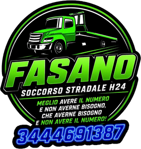 Logo verde y negro de grúa “FASANO SOCCORSO STRADALE H24” con teléfono 3444691387.