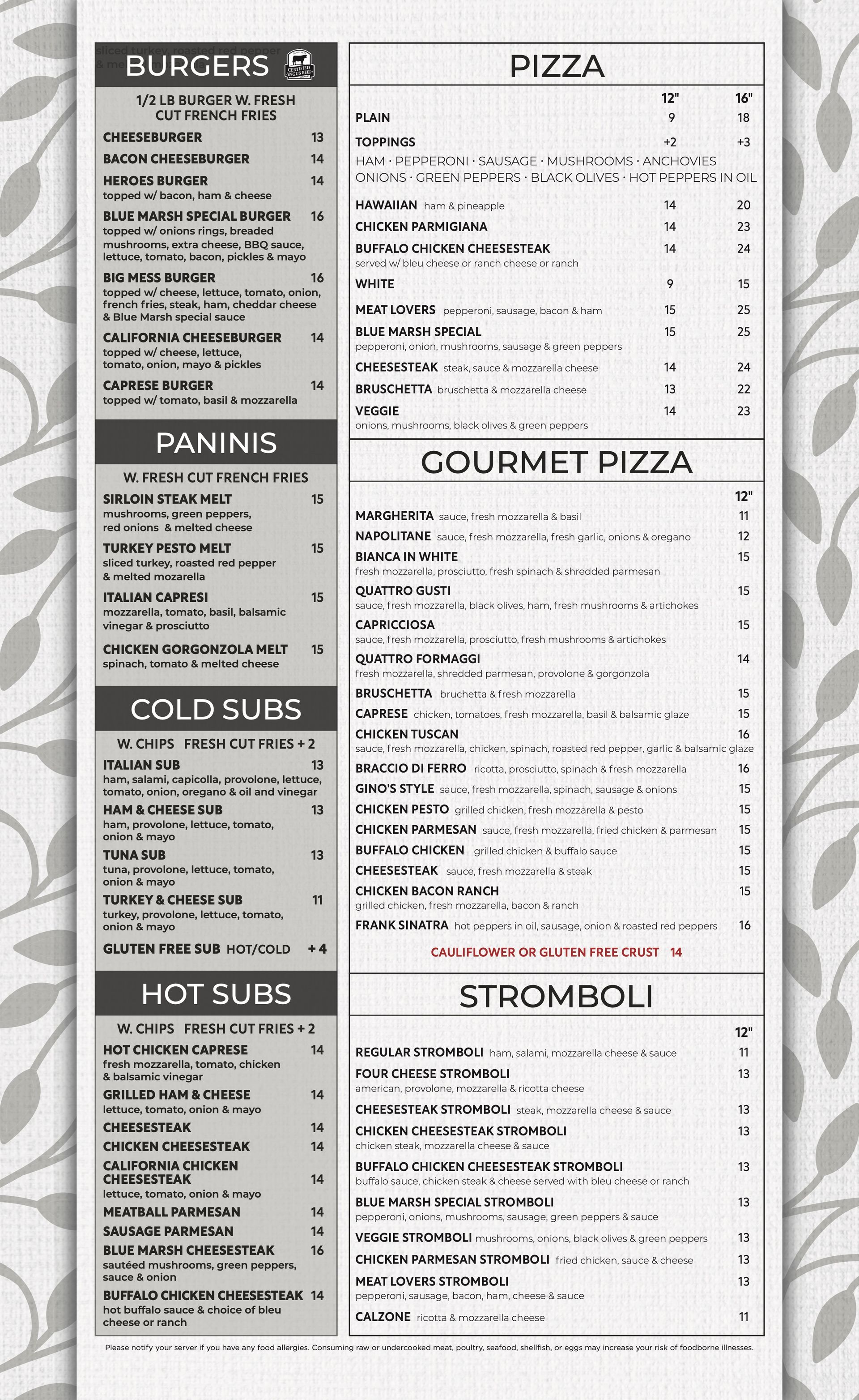 Menu Blue Marsh Italian Restaurant & Pizzeria Bernville, PA