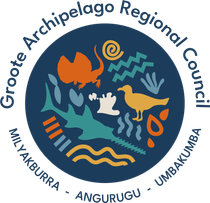 Groote Archipelago Regional Council logo: Blue circle with various stylized sea creatures and symbols. Text around the edge.