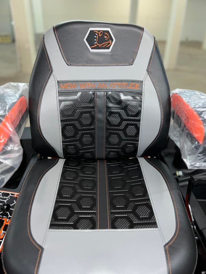 A close up of a chair with a logo on it.