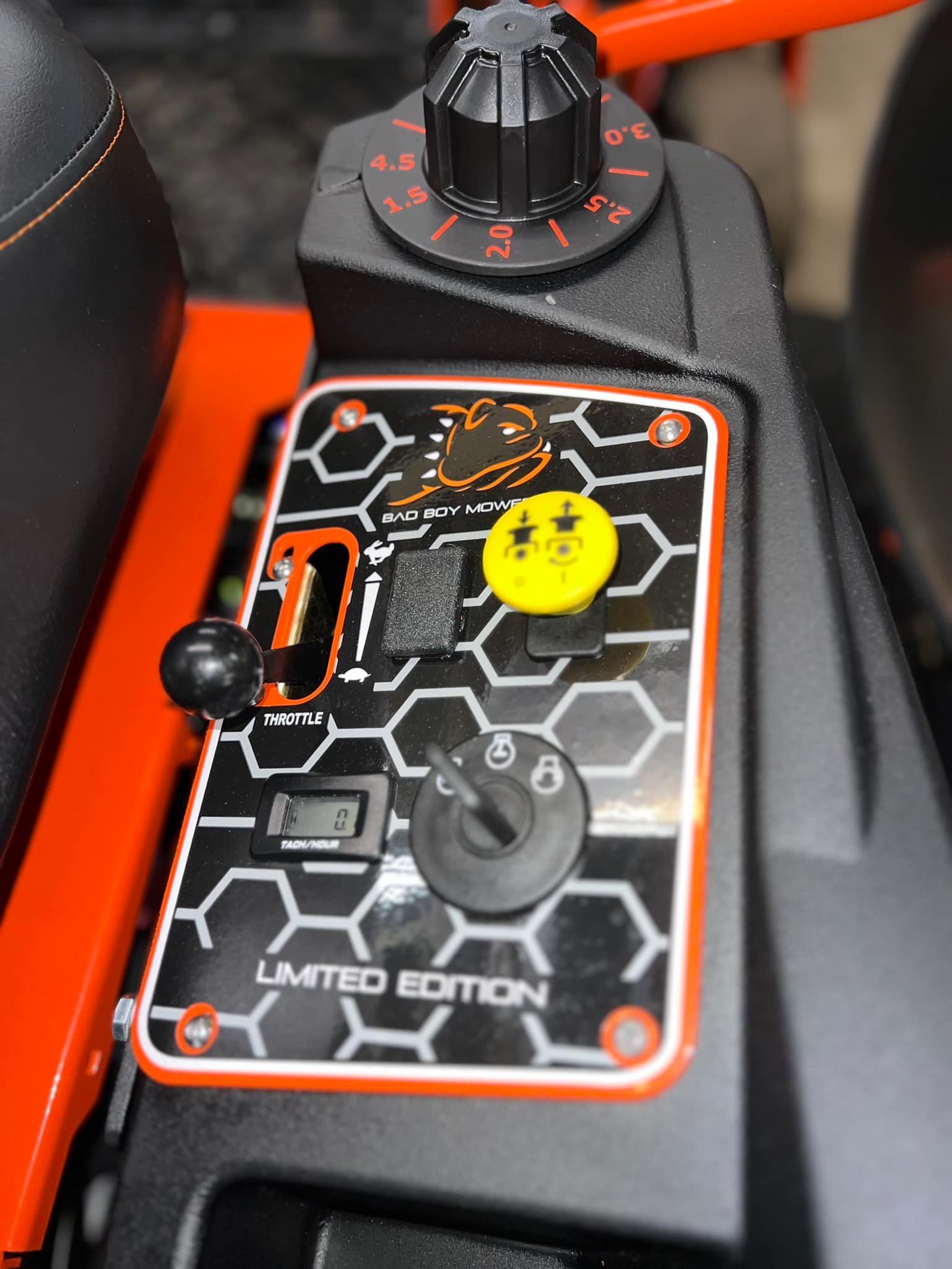 A close up of a limited edition lawn mower control panel
