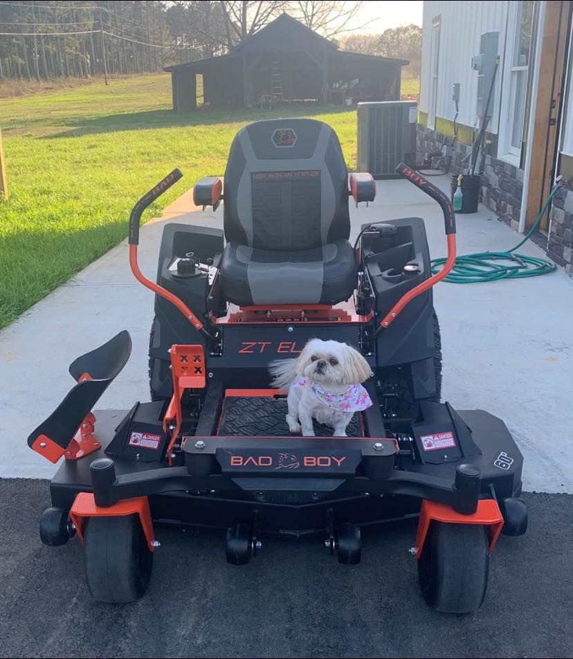 A small dog sits on a bad boy lawn mower
