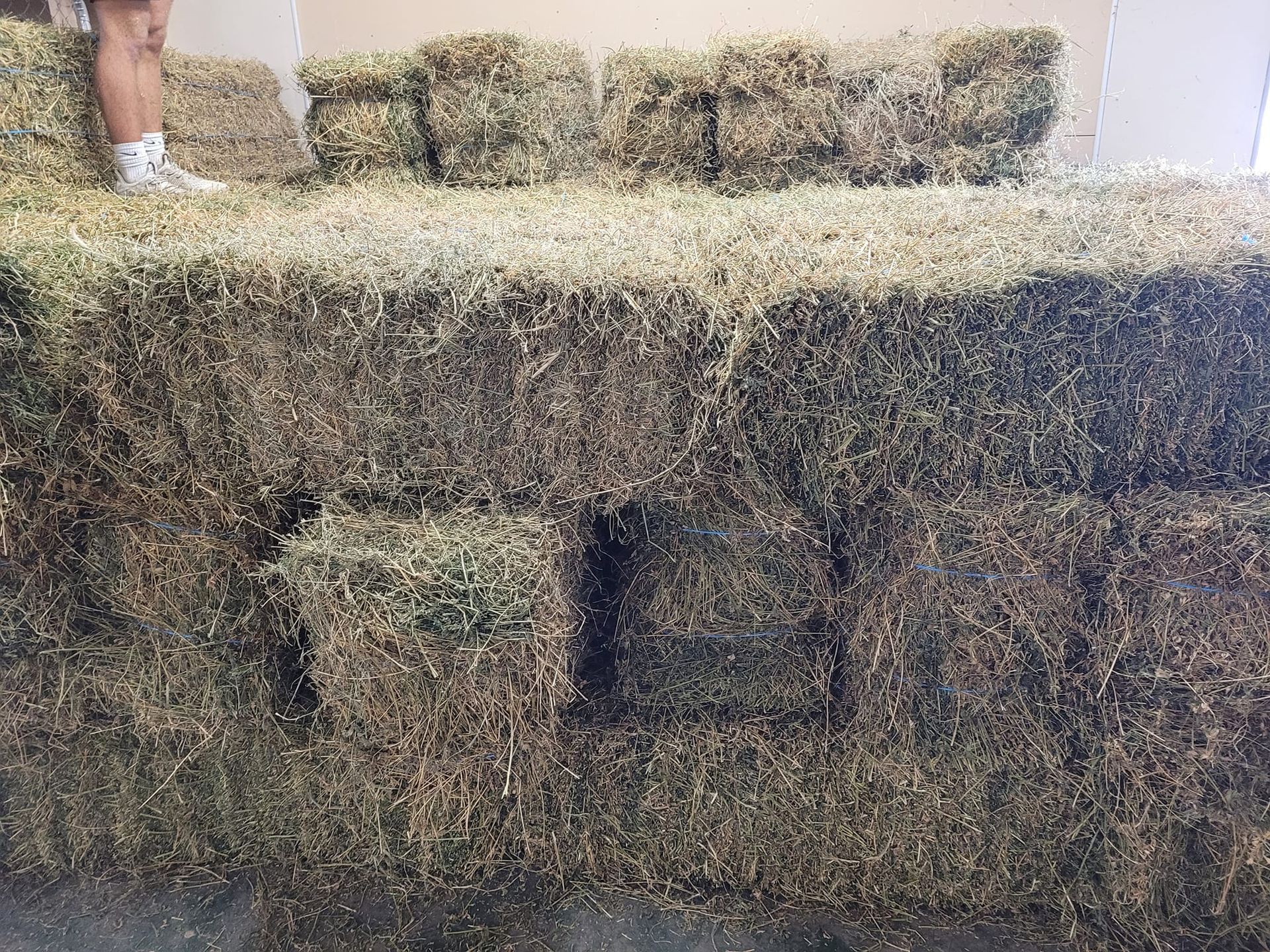 A person is standing on top of a pile of hay bales.