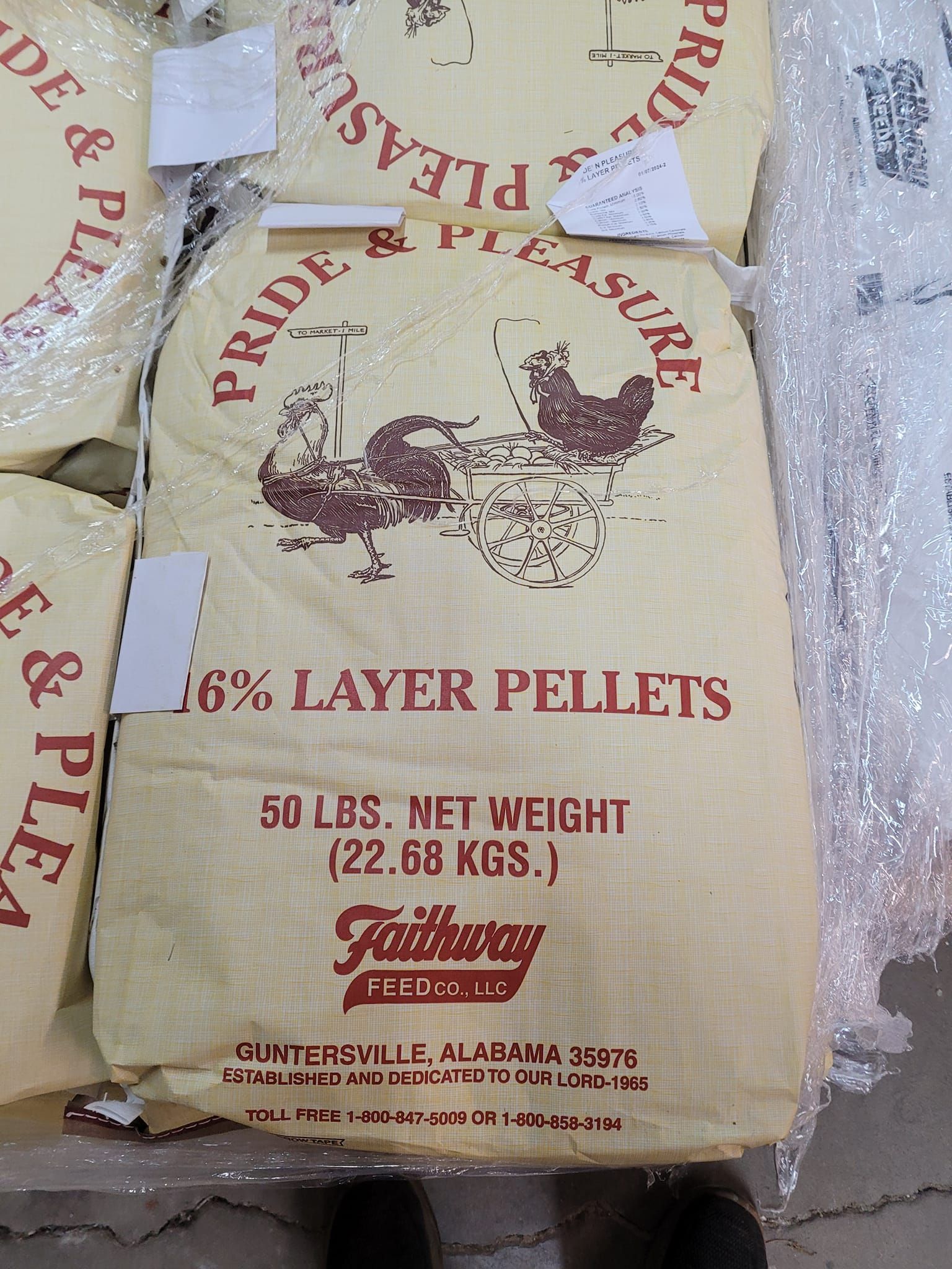 A bag of layer pellets is sitting on a table