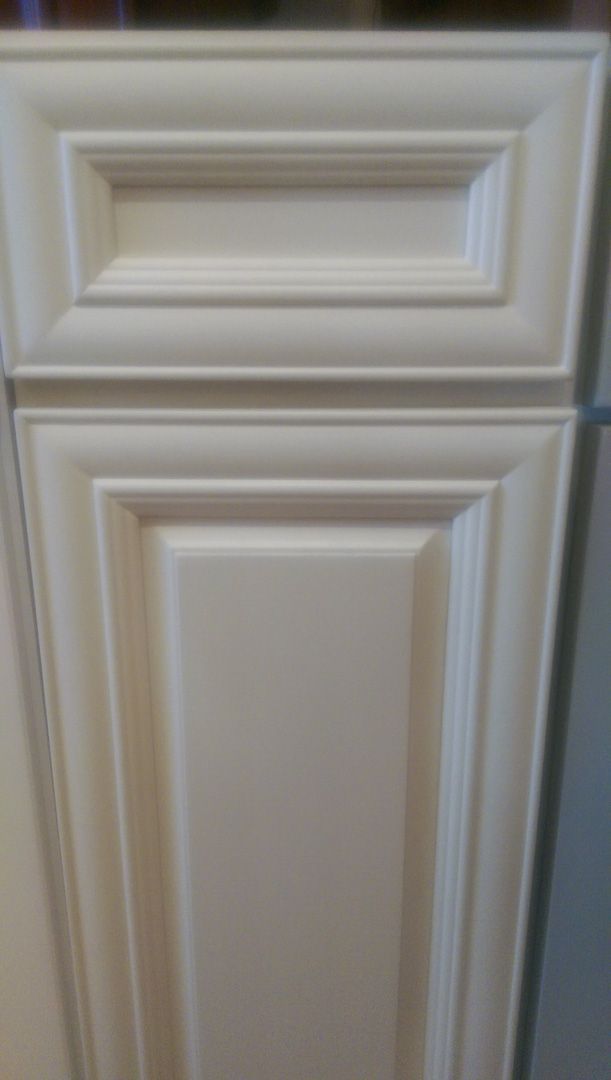 A close up of a white cabinet door in a kitchen.