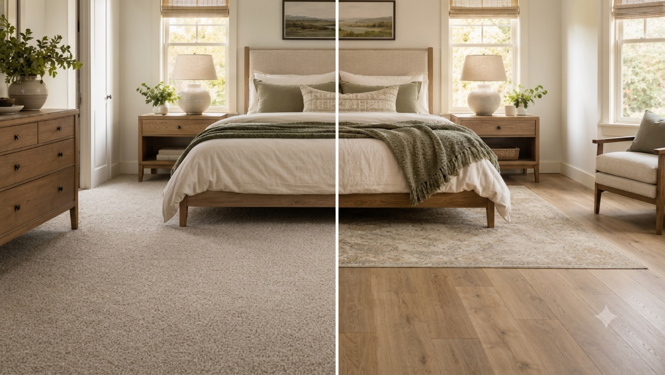 Bedroom with a bed, nightstands, and windows, split between carpet and hardwood flooring styles.