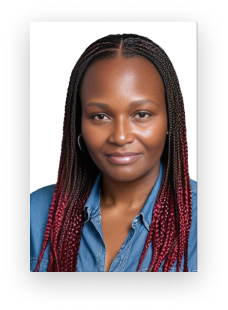 A woman with red braids is wearing a blue shirt