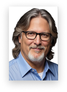 A man with glasses and a beard is wearing a blue shirt