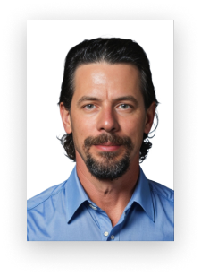 A man with a beard is wearing a blue shirt