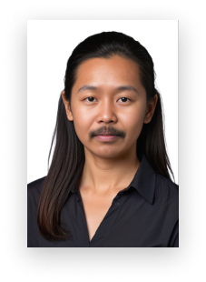 A woman with long hair and a mustache is wearing a black shirt