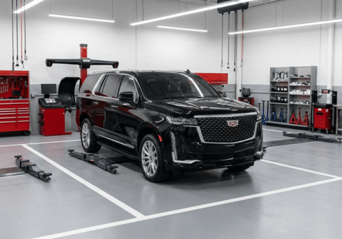 Black Cadillac Escalade SUV inside a clean, modern auto repair shop