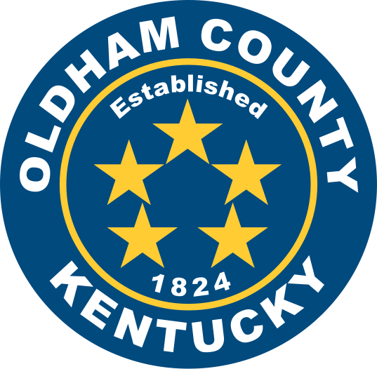 Oldham County, Kentucky seal with blue circle, gold stars, and “Established 1824” text