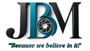 JBM logo in black and teal with a camera shutter in the B, tagline “Because we believe in it”