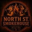 North St. Smokehouse logo: pig with mallet, smiling man, and text "North St. Smokehouse by Burly's", Endicott, NY.