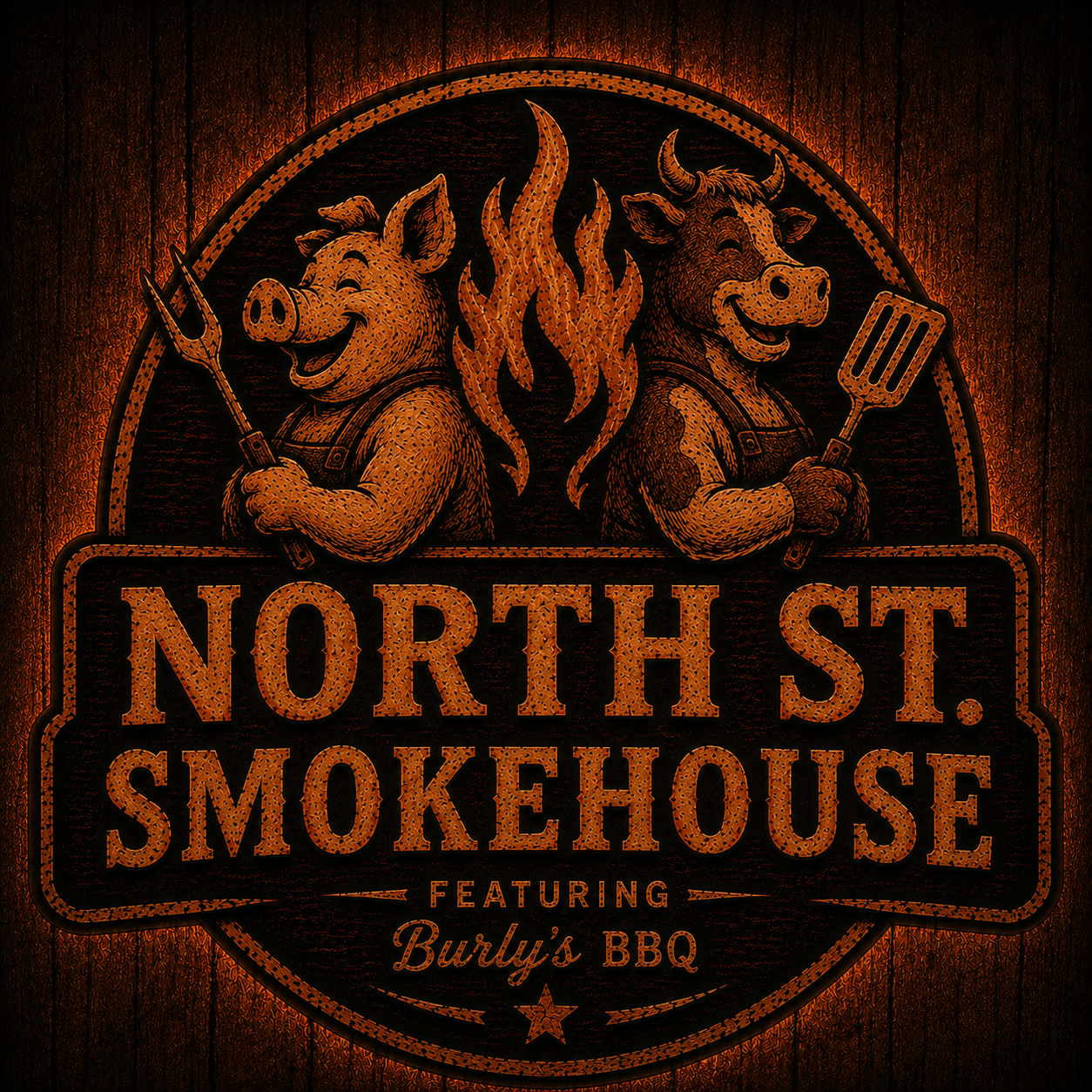 North St. Smokehouse logo: pig with mallet, smiling man, and text "North St. Smokehouse by Burly's", Endicott, NY.