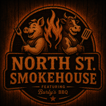 North St. Smokehouse logo: pig with mallet, smiling man, and text "North St. Smokehouse by Burly's", Endicott, NY.