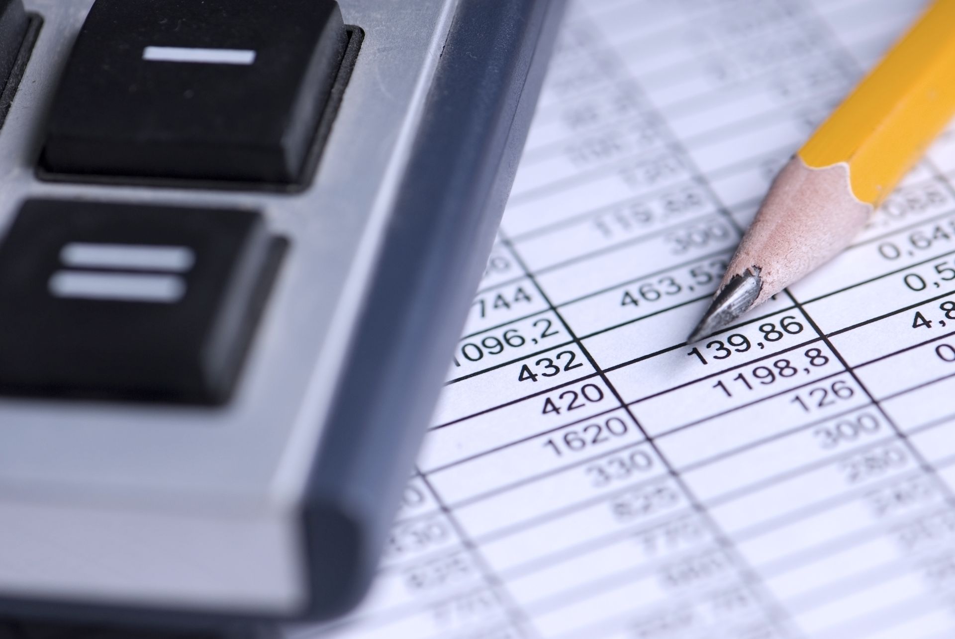Calculator and pencil on a spreadsheet with numerical data