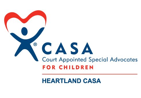 CASA logo: Blue figure with arms raised inside a red heart, text