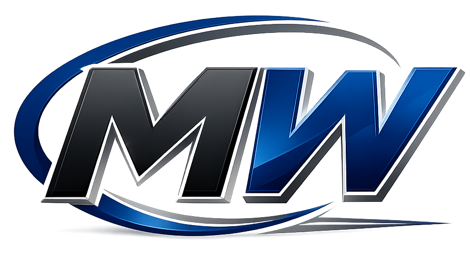 Stylized MW logo in black, blue, and silver with curved blue swoosh lines