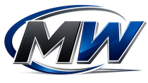 Stylized MW logo in black, blue, and silver with curved blue swoosh lines
