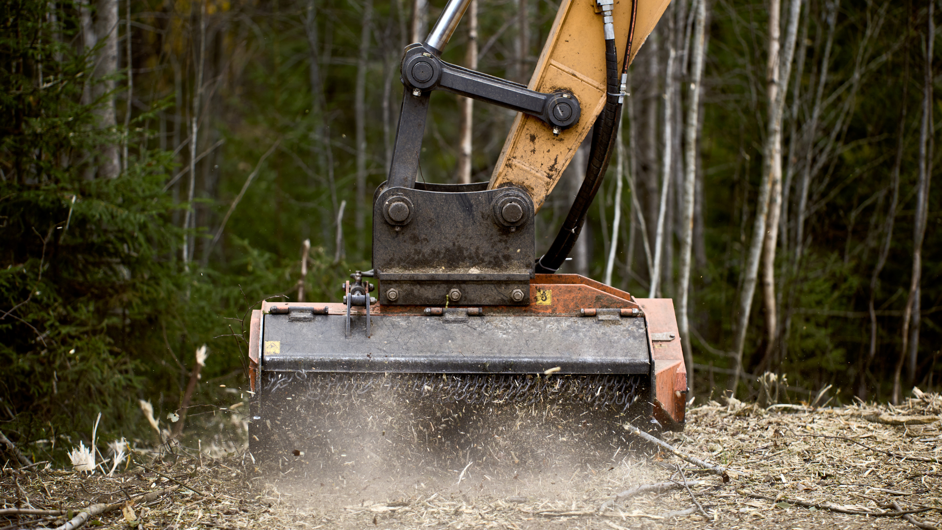 Excavator clearing gravel on a forest path, kicking up dust.