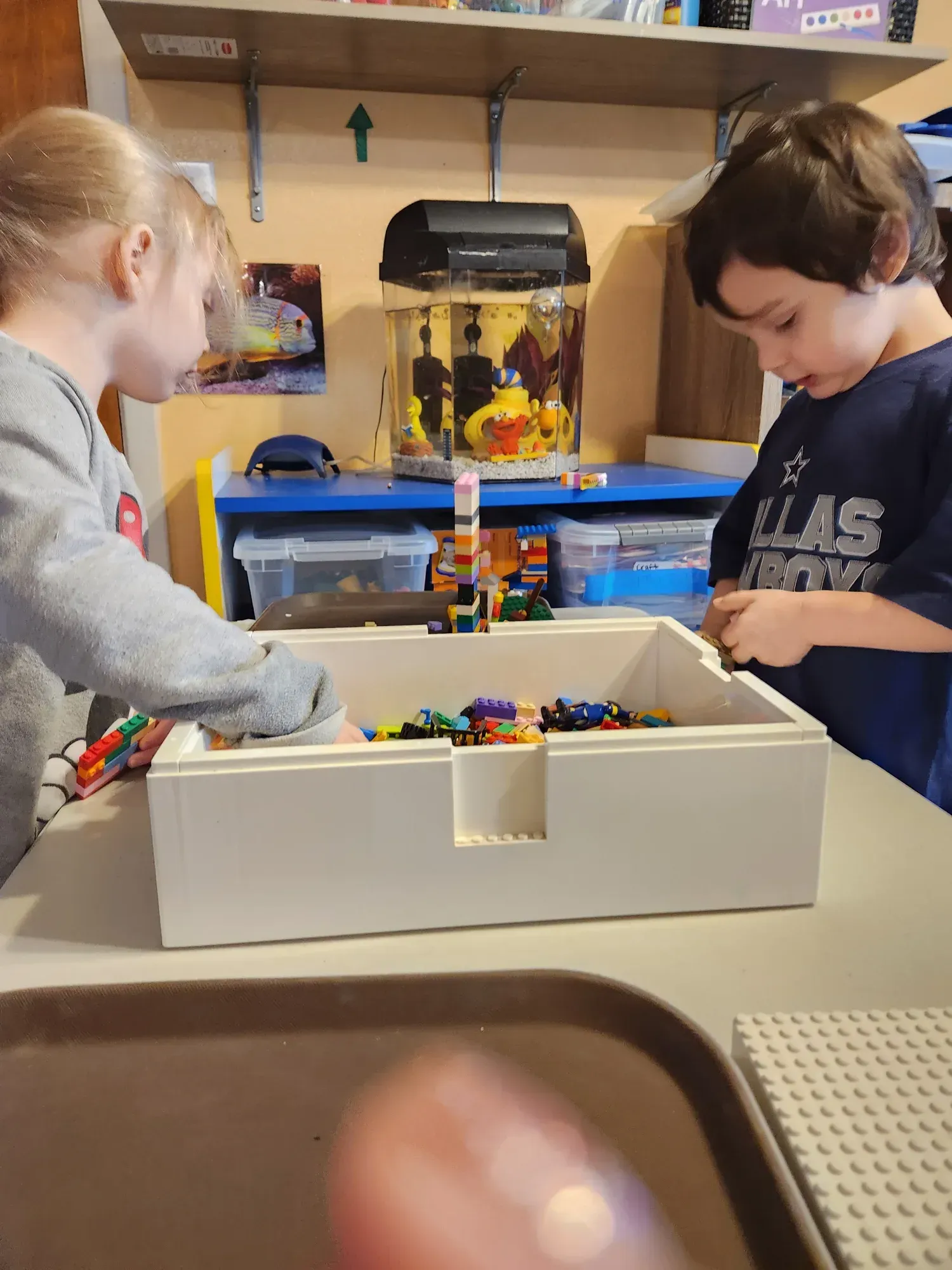 A boy and a girl are playing with lego blocks