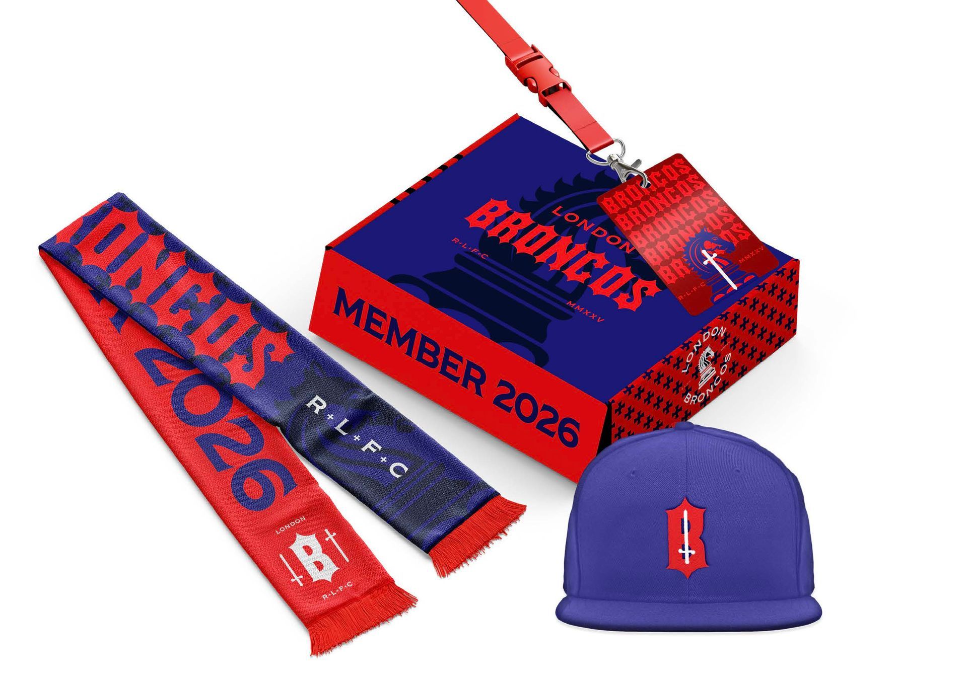 Brisbane Broncos fan merchandise: scarf, hat, lanyard, and a box in blue and red.