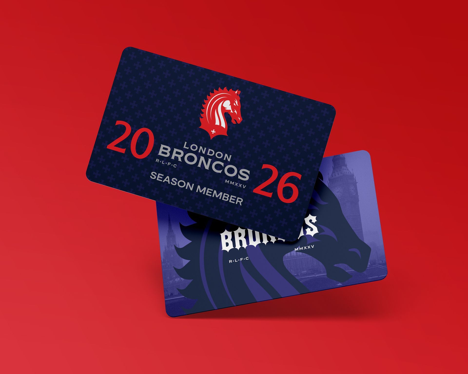 Two London Broncos season member cards on a red background. One blue card has 2026. The other card is purple.