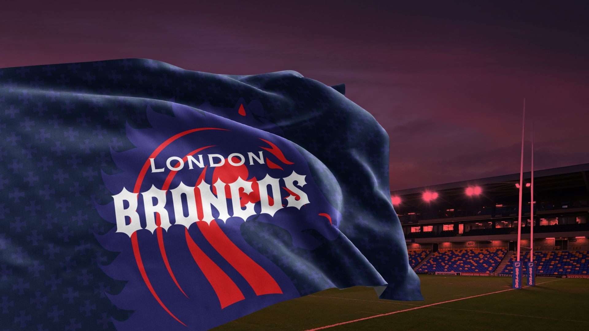 London Broncos flag waving in front of a rugby stadium, night scene with lights and goalposts.