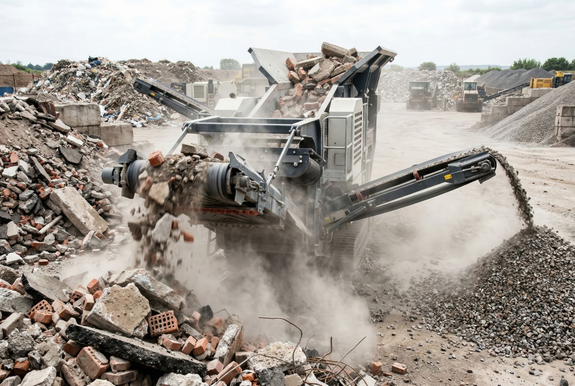 Mobile stone crushing plant producing recycled aggregate under blue sky