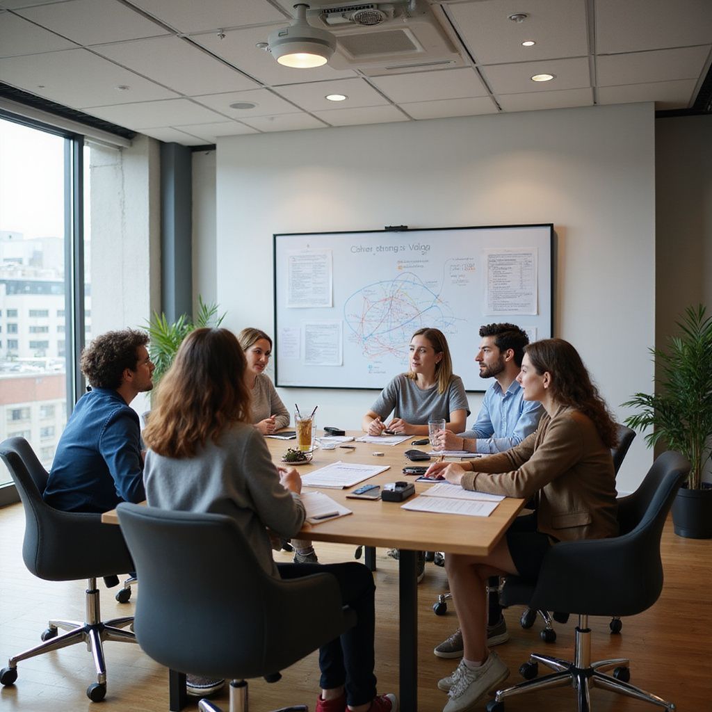 Team meeting in a bright conference room, with 5 people seated around table and notes on a whiteboard reviewing case studies
