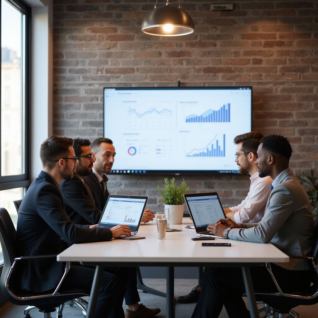Business meeting with people around table, laptops, analyzing charts on a wall screen in a brick office at Wilsona Marketing