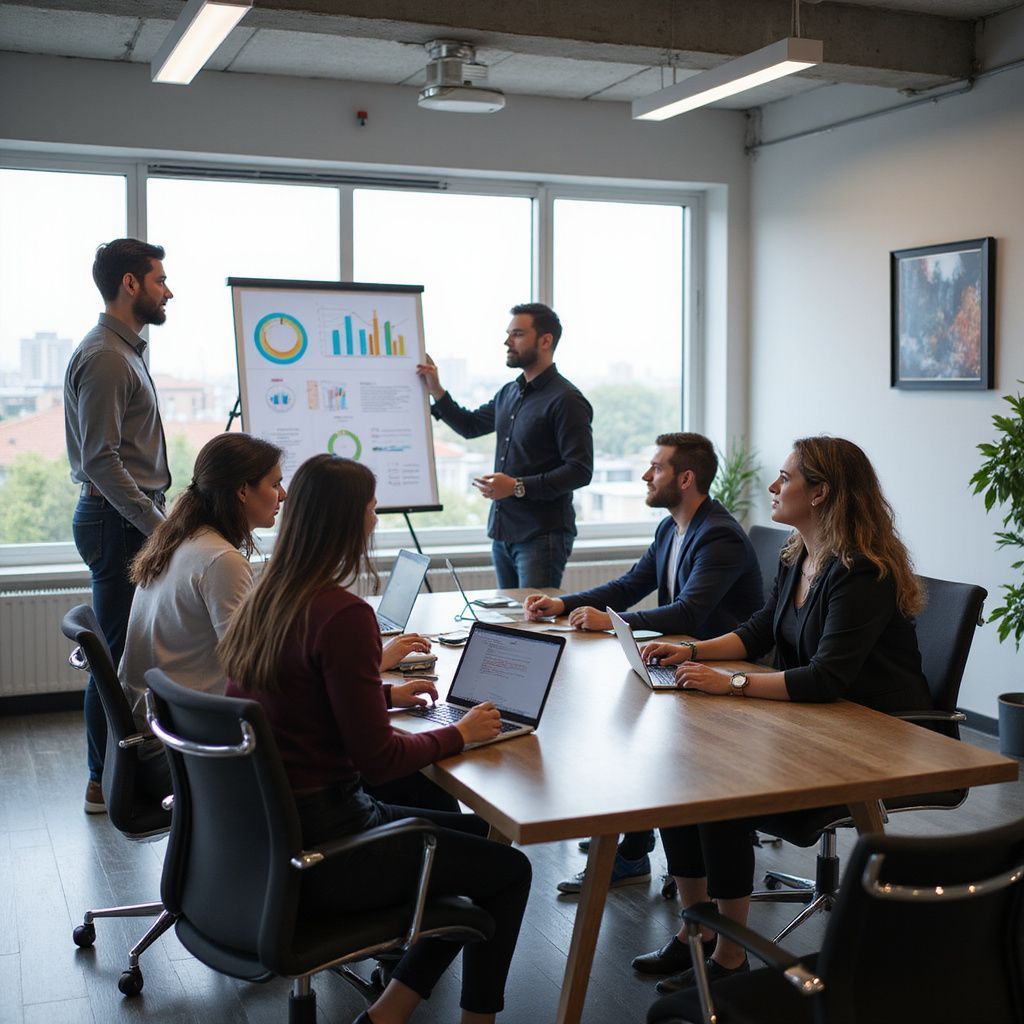 Team meeting in a modern WIlsona Marketing office, with a presenter pointing at chart beside seated colleagues around table.