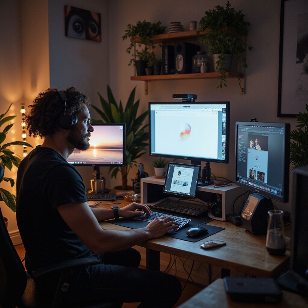 Person working at a multi-monitor desk in a warm, plant-filled home office at night on a Wilsona Marketing case study