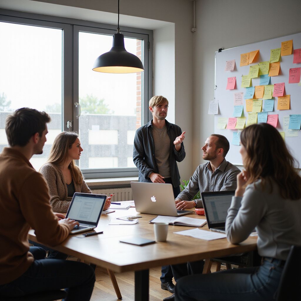 Team meeting in an office, with person presenting beside a wall of sticky notes and laptops on the table at Wilsona Marketing