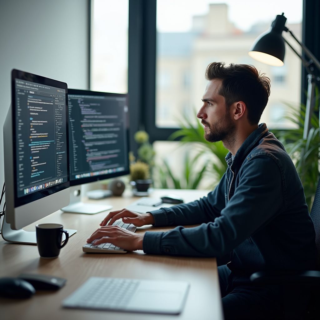 Person coding at a desk with dual monitors in a bright office working on a website rebuild case study for Wilsona Marketing