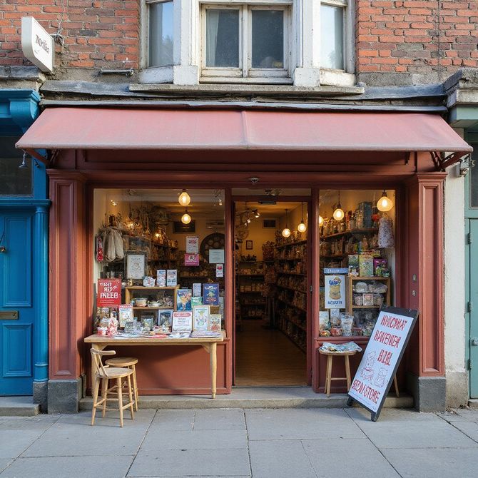 Small shopfront with a red awning, open doorway, and tables on a brick street whose marketing is managed by Wilsona Marketing