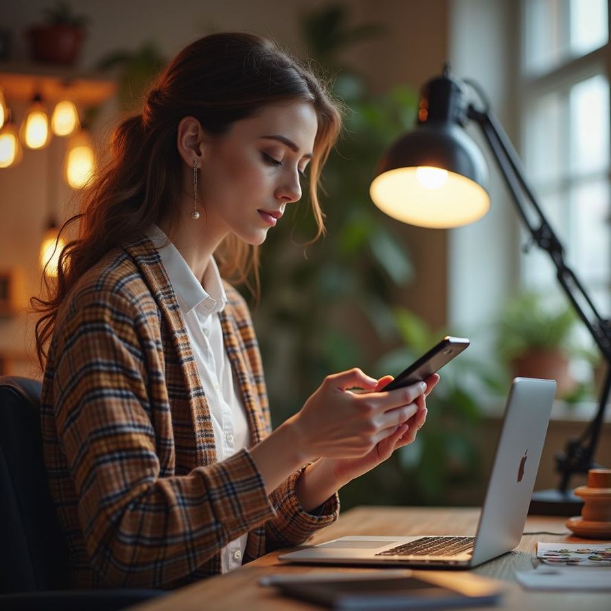 Woman using a smartphone beside a laptop at a desk in a warmly lit workspace at Wilsona Marketing offering marketing services