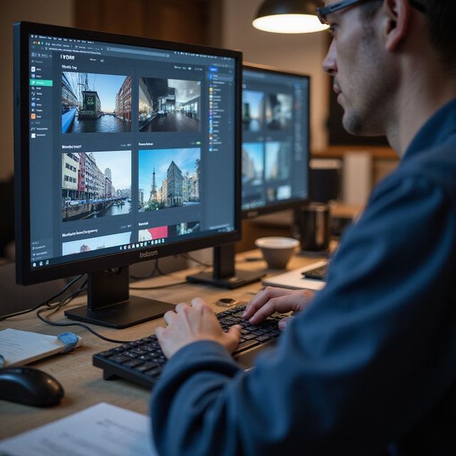 Man editing photos on a computer in a dim office, with multiple monitors showing city images for a Wilsona Marketing client