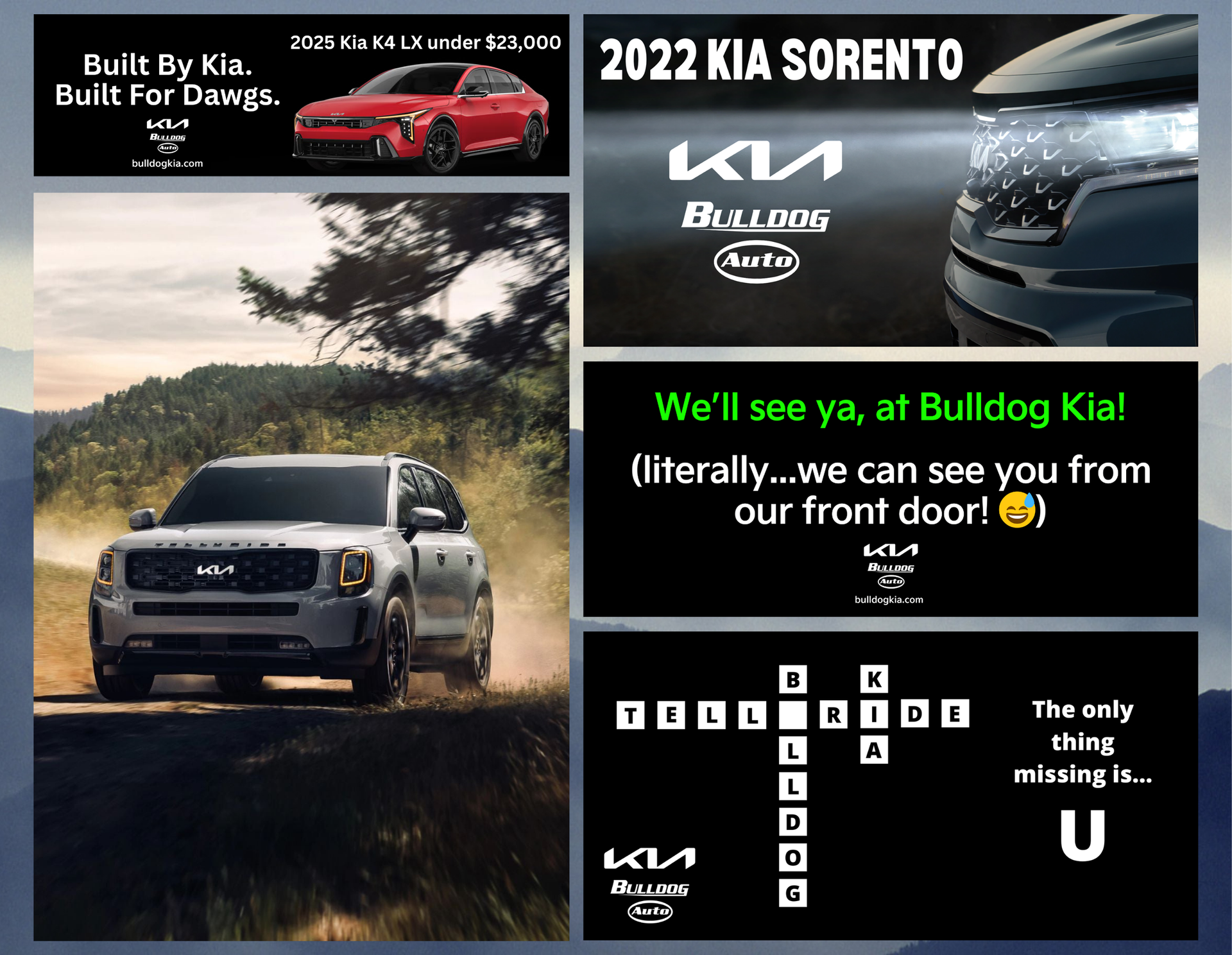 Bulldog Kia billboards designed by Anastasia at Wilsona Marketing in Athens, GA