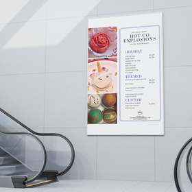 Hot Co Explosions Menu created by Wilsona Marketing with hot cocoa bombs on the menu