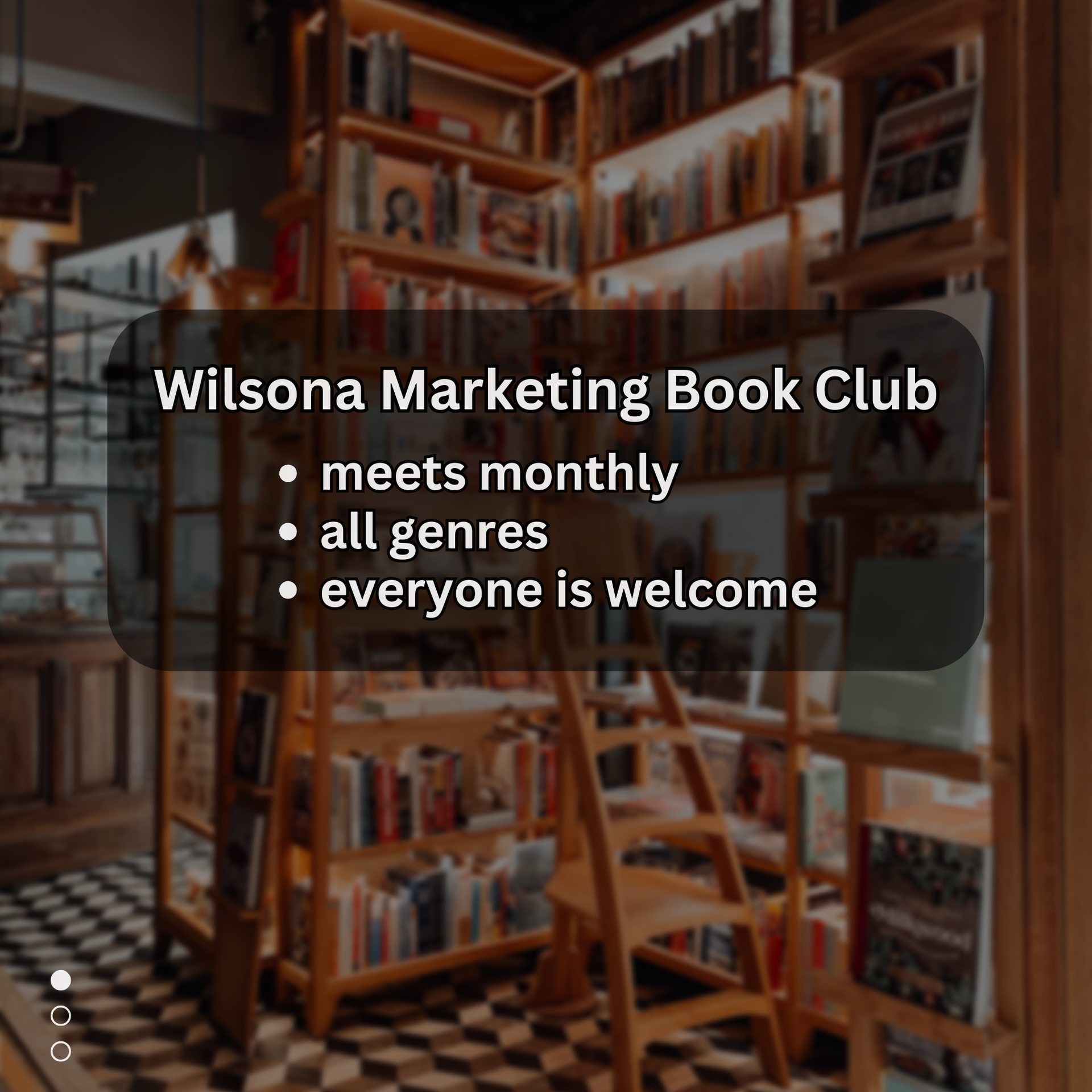 Wilsona Marketing Book Club notice over a warm, packed bookshelf background. Invite to join Wilsona Marketing bookclub.