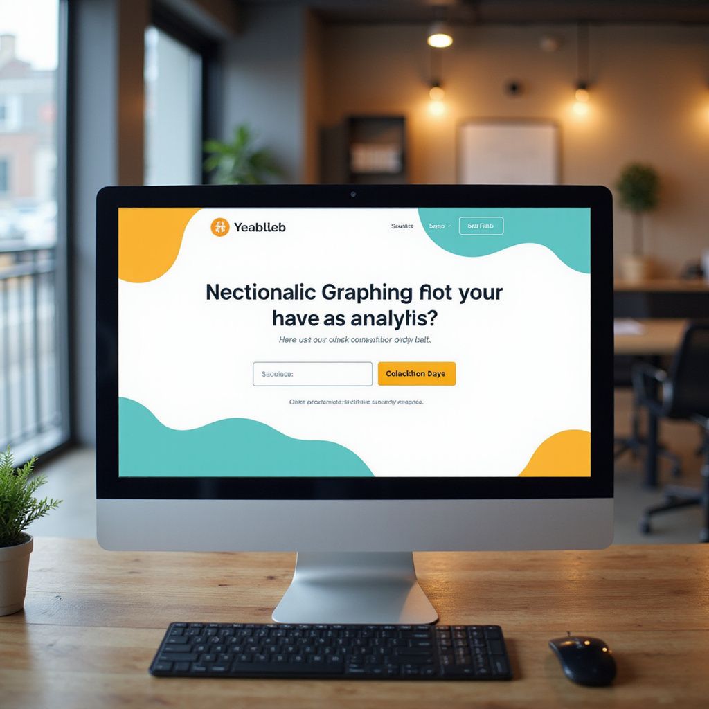 Desktop computer displaying a web design mockup on a desk in a blurred office setting built by Wilsona Marketing