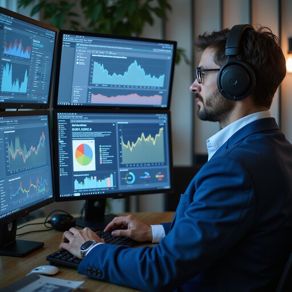 Analyst in blue suit wearing headphones, monitoring multiple data dashboards on computer screens for Wilsona Marketing client