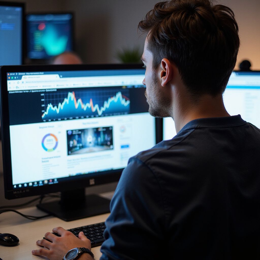 Person at a desk analyzing charts on a computer monitor in a dim office for a Wilsona Marketing client data case study