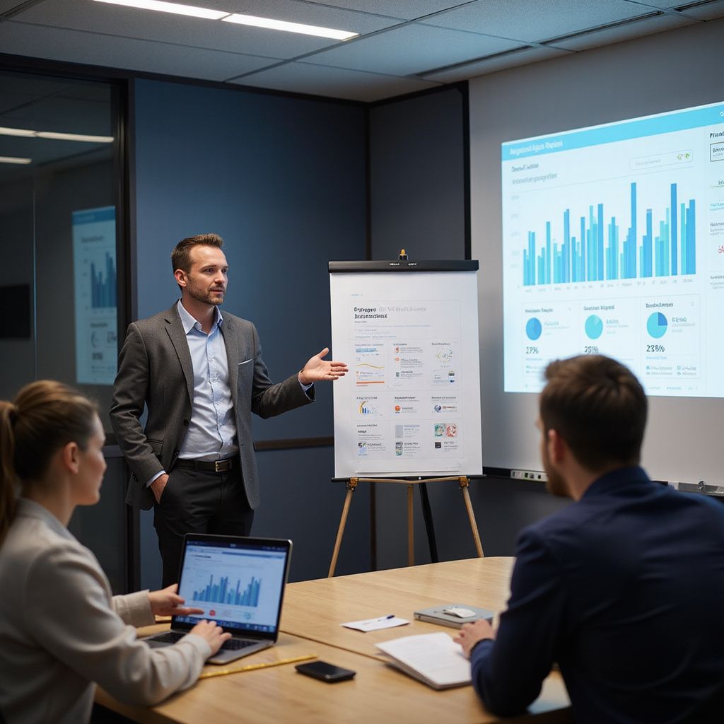 Business presentation in a conference room with a presenter, flip chart, and audience viewing a data dashboard on a screen