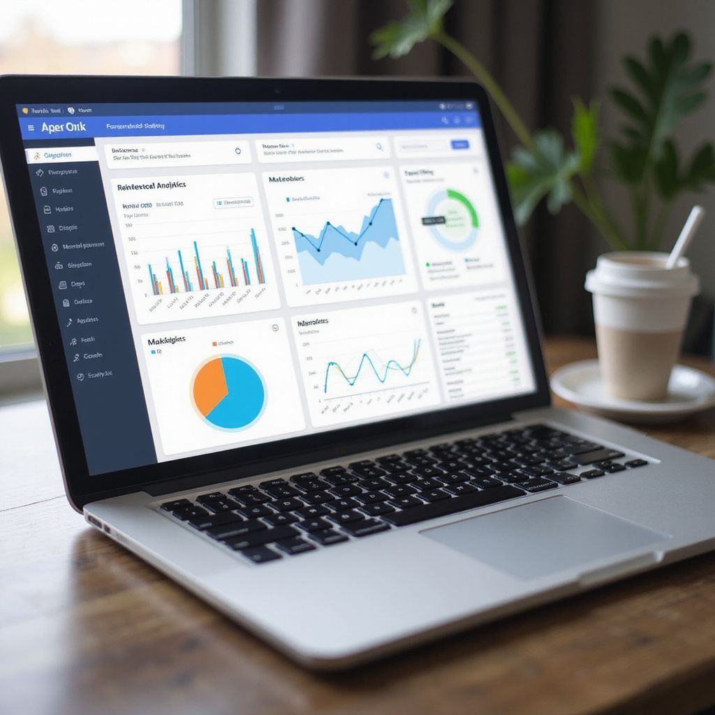 Laptop displaying analytics dashboard with charts on a wooden desk beside a coffee cup at Wilsona Marketing office