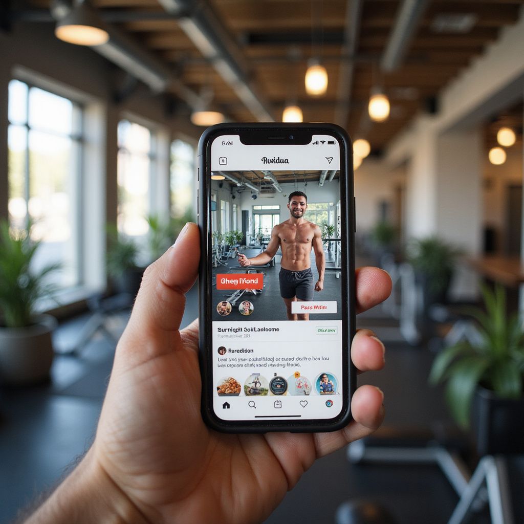 Hand holding a smartphone showing a fitness app with a man in a gym. App and video content managed by Wilsona Marketing